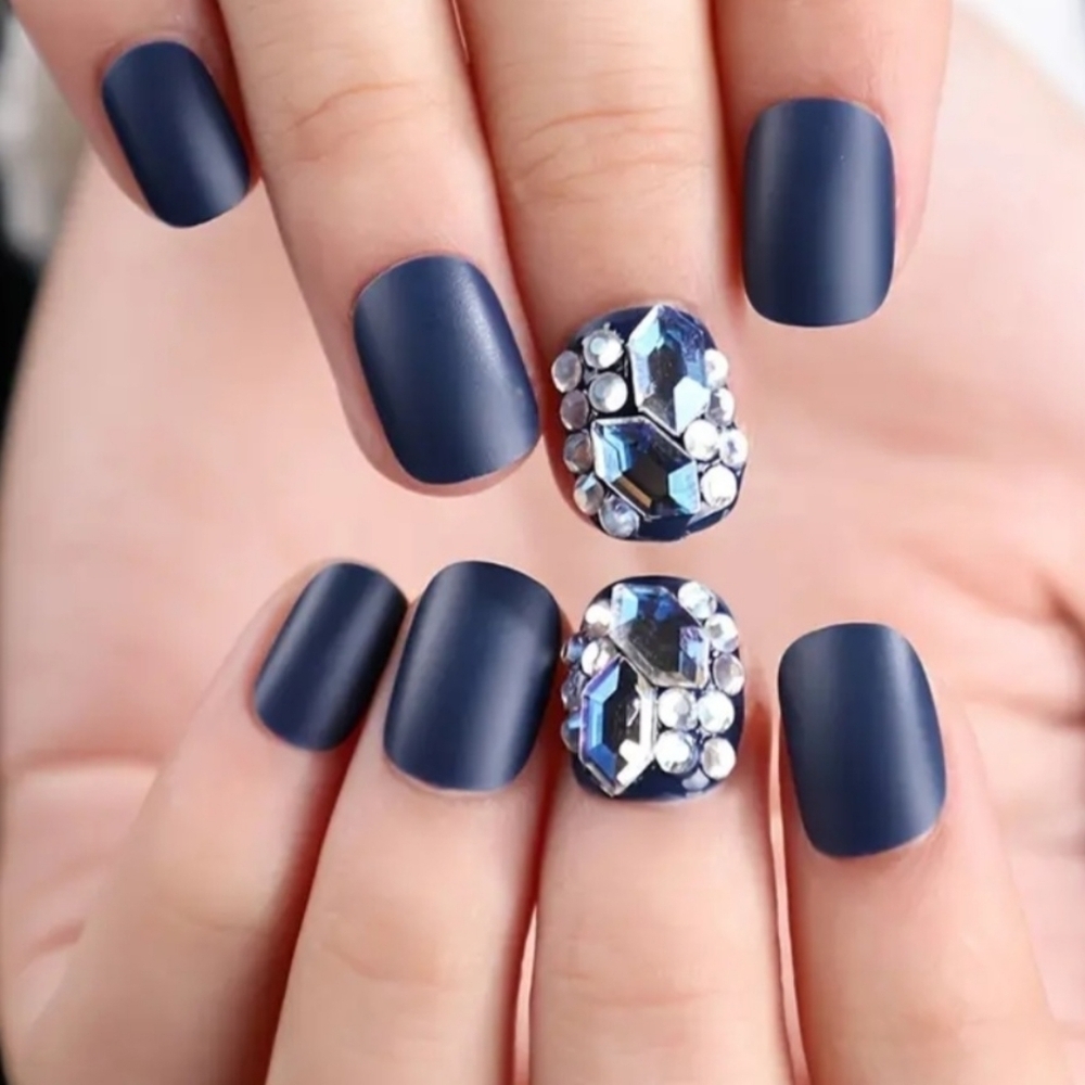 3D Rhinestone Sapphire Blue Matte Press on Nails